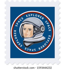 Space exploration. Postage stamp - Astronaut in a spacesuit - isolated on white background - abstraction, vector. Philately.