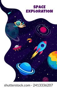 Space exploration poster. Cartoon rocket spaceship and alien with UFO between galaxy planets and stars. Cute alien astronaut vector character in fantasy space with spacecraft, fire comets and planets