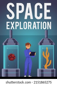 Space exploration poster template, astronaut or scientist woman studying alien plants, flat vector illustration. Spaceship interior with artificial incubators for growing plants.