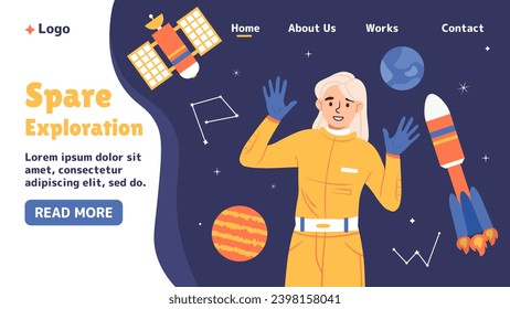 Space exploration poster. Woman astronaut with constellations and stars. Galaxy and universe. Young girl near rocketship and satellite. Landing page design. Cartoon flat vector illustration