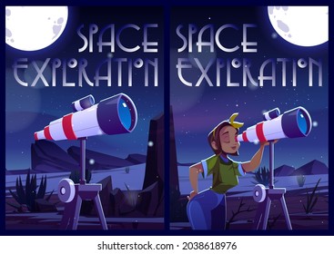 Space exploration posters with woman and telescope at night. Vector flyers with cartoon illustration girl watching stars, moon and planets on dark sky through telescope