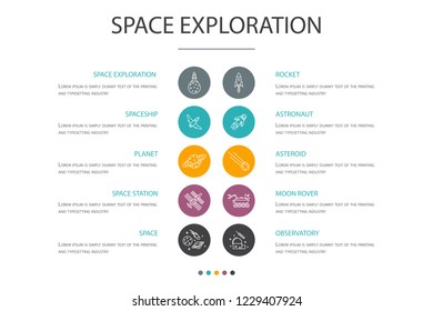 space exploration presentation template, cover layout and infographics. rocket, spaceship, astronaut, planet cons