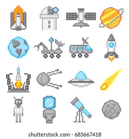 Space exploration. Space research. Pixel art. Old school computer graphic style. Games elements.