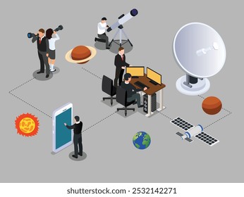 space exploration and research - various individuals and equipment involved in space exploration 3d isometric vector illustration