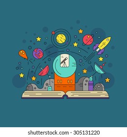 Space exploration and research vector illustration made in flat style. Open book with moon surface, stars, rocket, observatory, I,agination concept.