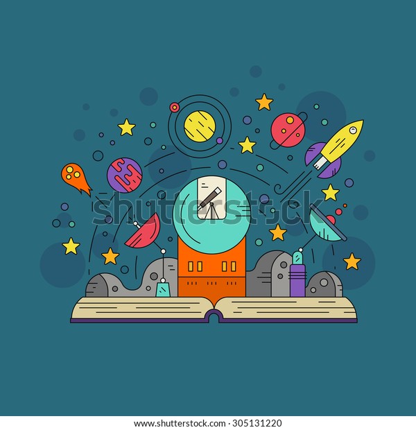 Space exploration and research\
vector illustration made in flat style. Open book with moon\
surface, stars, rocket, observatory, I,agination\
concept.