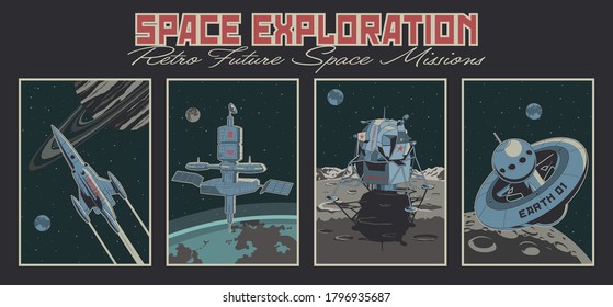 Space Exploration Retro Future Space Poster Set