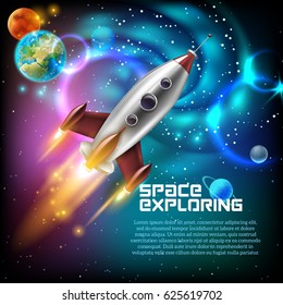 Space exploration with retro rocket planets and stars on dark background with rays and flares vector illustration