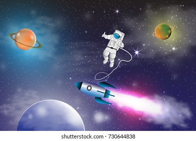 Space exploration with retro rocket planets ,stars  and astronaut on space background with rays and flares vector illustration.