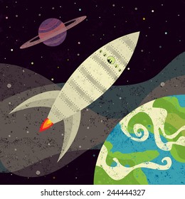 Space exploration Retro-styled rocket exploring planets in outer space. The rocket and planets are on a separate labeled from the space background.