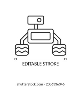 Space exploration robot linear icon. Collecting sample for examination. Robotic vehicle. Thin line customizable illustration. Contour symbol. Vector isolated outline drawing. Editable stroke