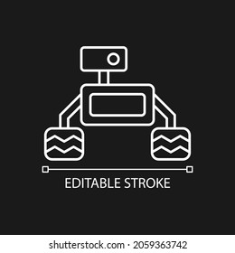 Space exploration robot white linear icon for dark theme. Collecting sample for examination. Thin line customizable illustration. Isolated vector contour symbol for night mode. Editable stroke
