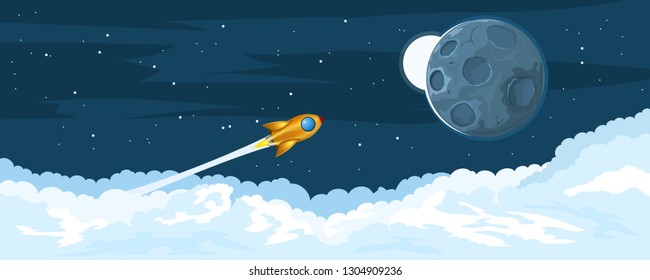 Space exploration. rocket flying to the moon. 