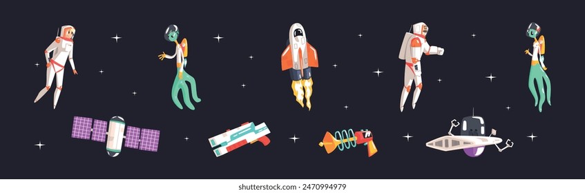 Space Exploration with Rocket, Man, Woman and Alien Vector Set