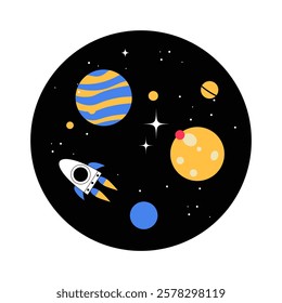 Space Exploration With Rocket And Planets In Flat Vector Illustration Symbolizing Astronomy, Cosmos, And Space Travel, Isolated On White Background