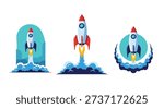 Space exploration rocket ship launch icons with colorful smoke and varied framing styles for startup business concepts.