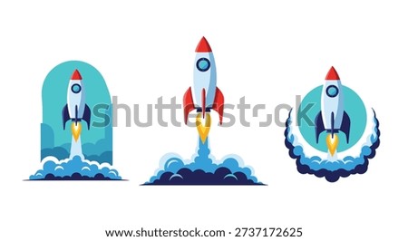 Space exploration rocket ship launch icons with colorful smoke and varied framing styles for startup business concepts.
