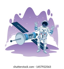 space exploration satellite and astronaut with hands up with water colorful background icon cartoon vector illustration graphic design