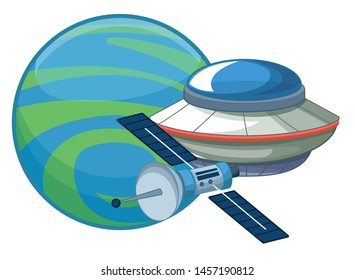 space exploration satellite, flying saucer and planet icon cartoon vector illustration graphic design