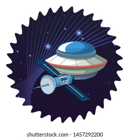 space exploration satellite and flying saucer with space lanscape with stars and lines in round icon icon cartoon vector illustration graphic design