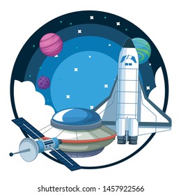 space exploration satellite, flying saucer and space shuttle with space landscape with planets and stars in round icon icon cartoon vector illustration graphic design