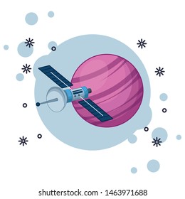 space exploration satellite and planet with round icon and squeaky spots icon cartoon vector illustration graphic design