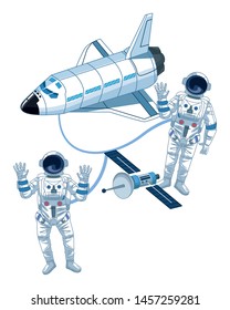 space exploration satellite, space shuttle and astronaut saying hi and hands up icon cartoon vector illustration graphic design