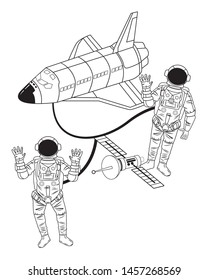 space exploration satellite, space shuttle and astronaut saying hi and hands up in black and white icon cartoon vector illustration graphic design