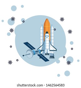 space exploration satellite and space shuttle with round icon and squeaky spots icon cartoon vector illustration graphic design