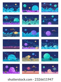 Space exploration scenes set, fantasy alien landscape. Cartoon pixel art background. Horizontal cosmic banner. Another planet concept. Universe of spherical star objects. Pixelated location for game