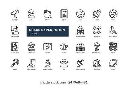 space exploration and science astronomy detailed outline line icon set