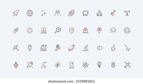 Space exploration, science of astronomy and space travel to planets and stars line icon set. Astronaut, spaceship, asteroid and satellite in orbit thin black and red outline symbol vector illustration