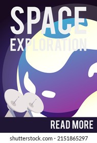Space exploration, scientific astronomical technologies, vector flat illustration. Poster template for text, space exploration and travel
