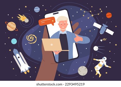 Space exploration and scientific cosmos research online vector illustration. Cartoon hand holding mobile phone with scientist showing thumbs up on screen, night sky with stars and planets, spaceship