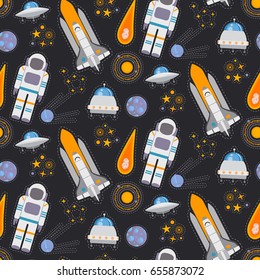 Space exploration seamless pattern, Flat design on the dark background, Vector 