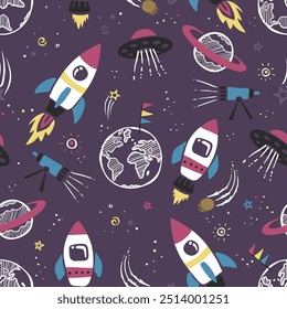 Space exploration seamless pattern with rockets, UFOs, planets, and telescopes