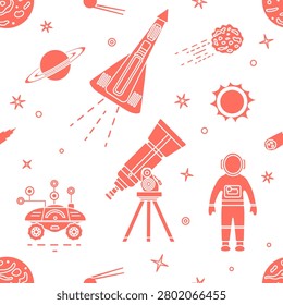 Space exploration seamless pattern. Vector Illustration Telescope Sun Saturn Shuttle Spaceship Lunar rover Astronaut Galaxy Universe Astronomy Space trip Flight among planets and stars. Science Future