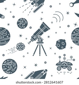 Space exploration seamless pattern. Vector Illustration Telescope Moon Shuttle Spaceship Lunar rover Comet Galaxy Universe Astronomy Space trip concept. Flight among planets and stars. Science Future