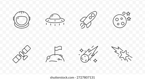 Icono de conjunto de exploración espacial. Casco de astronauta, OVNI, cohete, luna, satélite, bandera en la superficie, meteoro, estrella con rastro en estilo de línea del espacio exterior mínimo.