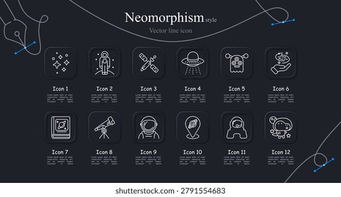 Space exploration set icon. Cosmic stars, astronaut figure, satellite orbit, flying UFO, alien creature, galaxy energy, astronomy book, space telescope, astronaut helmet, planet location