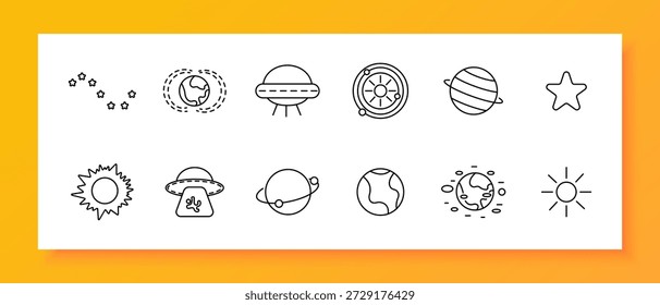 Symbol für Space Exploration Set. Planet, UFO, Sonne, Stern, Umlaufbahn, Erde, Galaxie, Sonnensystem, Astronomie, Wissenschaft, Kosmisch, Reisen, Entdeckung, Erforschung, Sternenhimmel, Universum, Licht, Kosmos