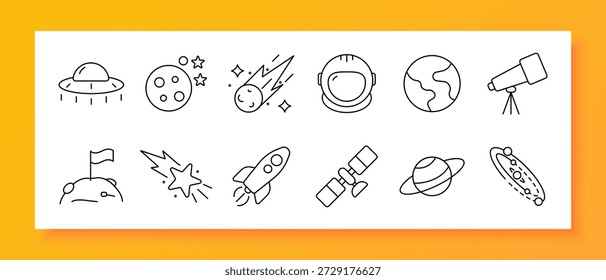 Symbol für Space Exploration Set. Rakete, Planet, Satellit, Astronaut, UFO, Mond, Meteor, Teleskop, Erde, Galaxie, Stern, Umlaufbahn, Wissenschaft, Universum, Kosmos, Entdeckung, Astronomie, Astronautik, Himmel, Reisen