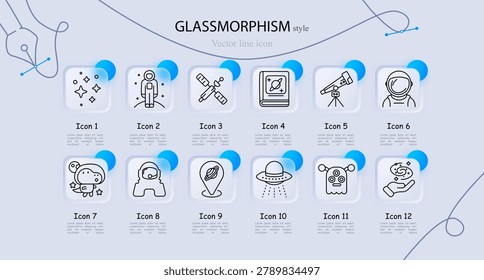 Space exploration set icon. Stars, astronaut, satellite, astronomy book, telescope, space suit helmet, alien character, planet marker, UFO spaceship, cosmic creature, galaxy hand, universe science