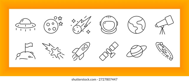 Icono de conjunto de exploración espacial. OVNI, planetas, estrellas, astronautas, cohetes, satélites, telescopios, banderas en la luna, órbita de galaxias, meteoros y estrellas fugaces mostrados en diseño de línea delgada.