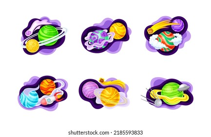 Space exploration set. Planets, rocket and astronaut vector illustration