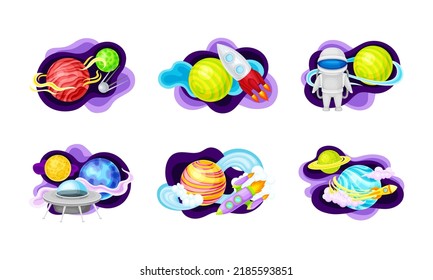 Space exploration set. Planets, rocket , astronaut, ufo spaceship vector illustratio