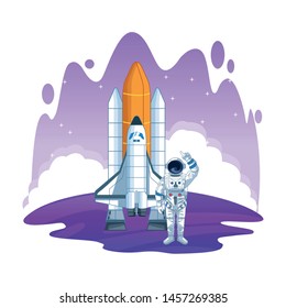 space exploration space shuttle and astronaut pointing up with water colorful background icon cartoon vector illustration graphic design