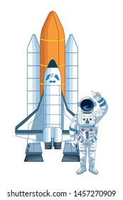 space exploration space shuttle and astronaut pointing up icon cartoon vector illustration graphic design