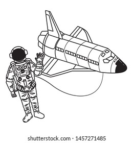 space exploration space shuttle and astronaut saying hi in black and white icon cartoon vector illustration graphic design