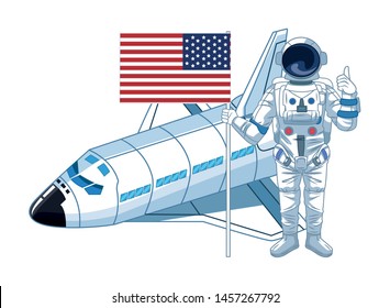 space exploration space shuttle and astronaut with thumb up and holding a united states flag icon cartoon vector illustration graphic design